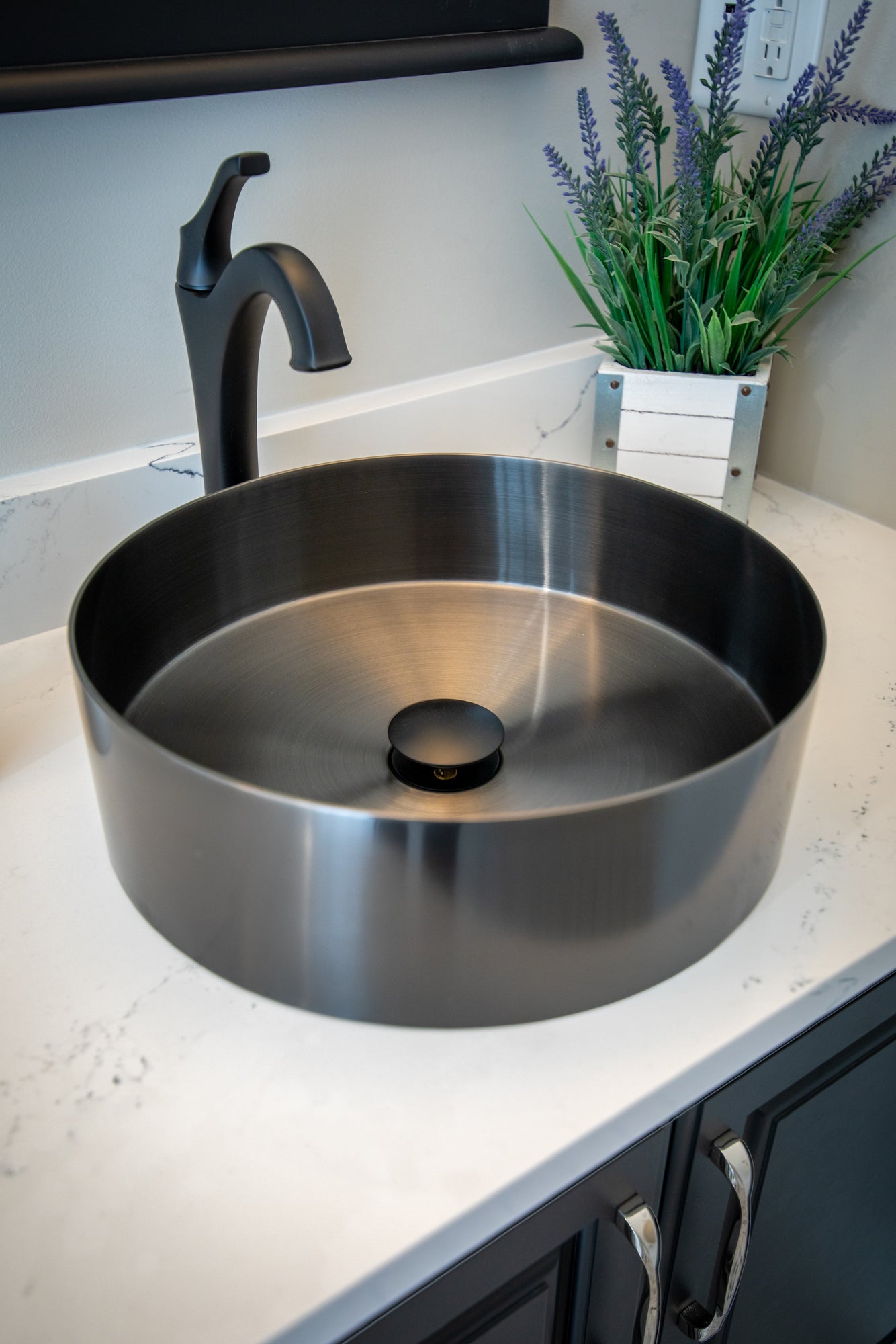 Eden Bath, 15" Round Stainless Steel Bathroom Vessel Sink with Drain in Black