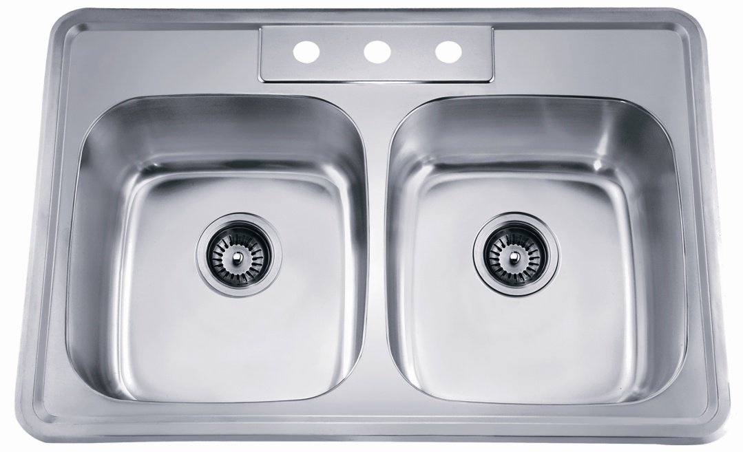 Dawn Kitchen & Bath Products, 34" Equal Double Bowl Topmount 20 Gauge Stainless Steel Kitchen Sink