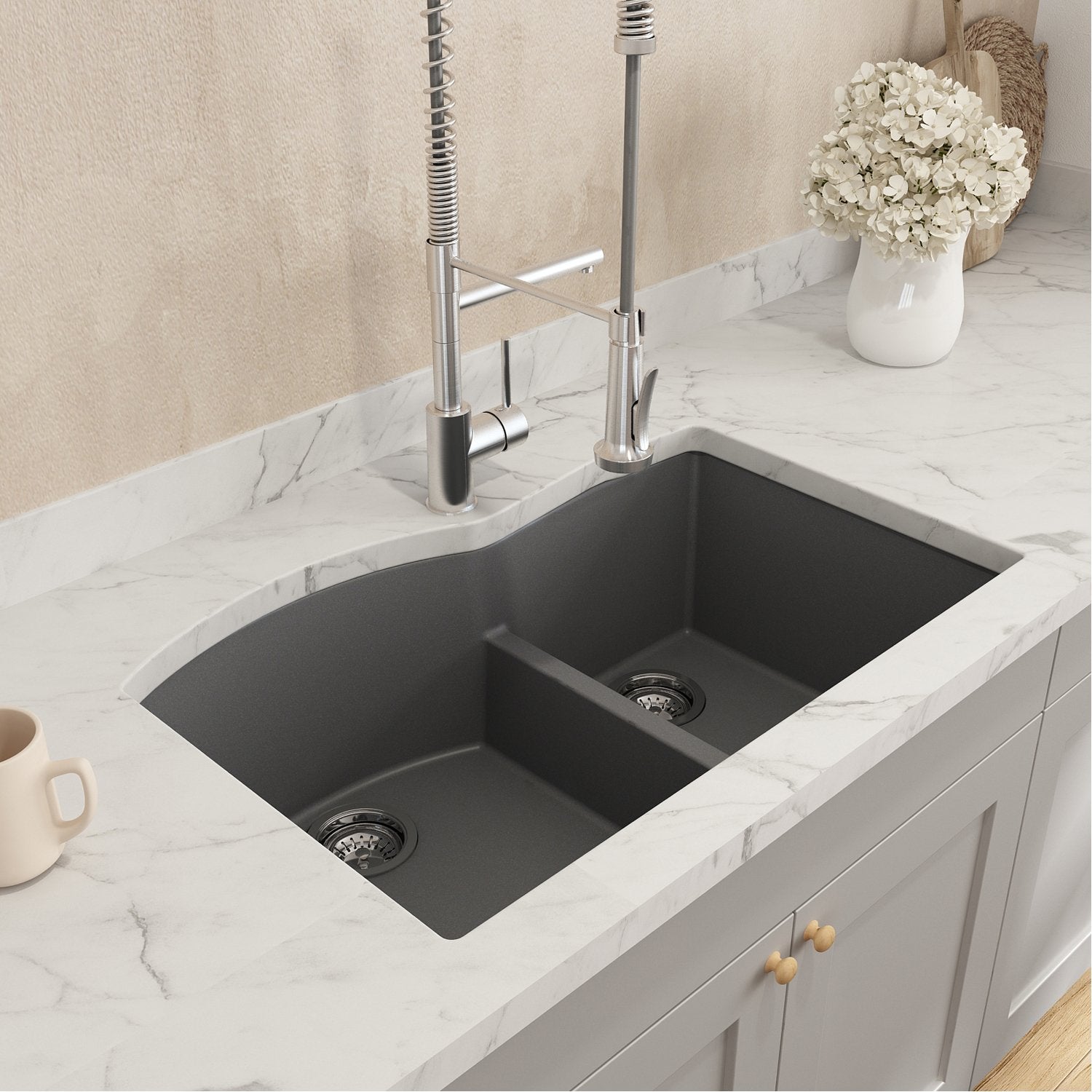 Bocchi, Bocchi 33" Dual Mount Granite Composite 60/40 Double Bowl Sink in Concrete Gray