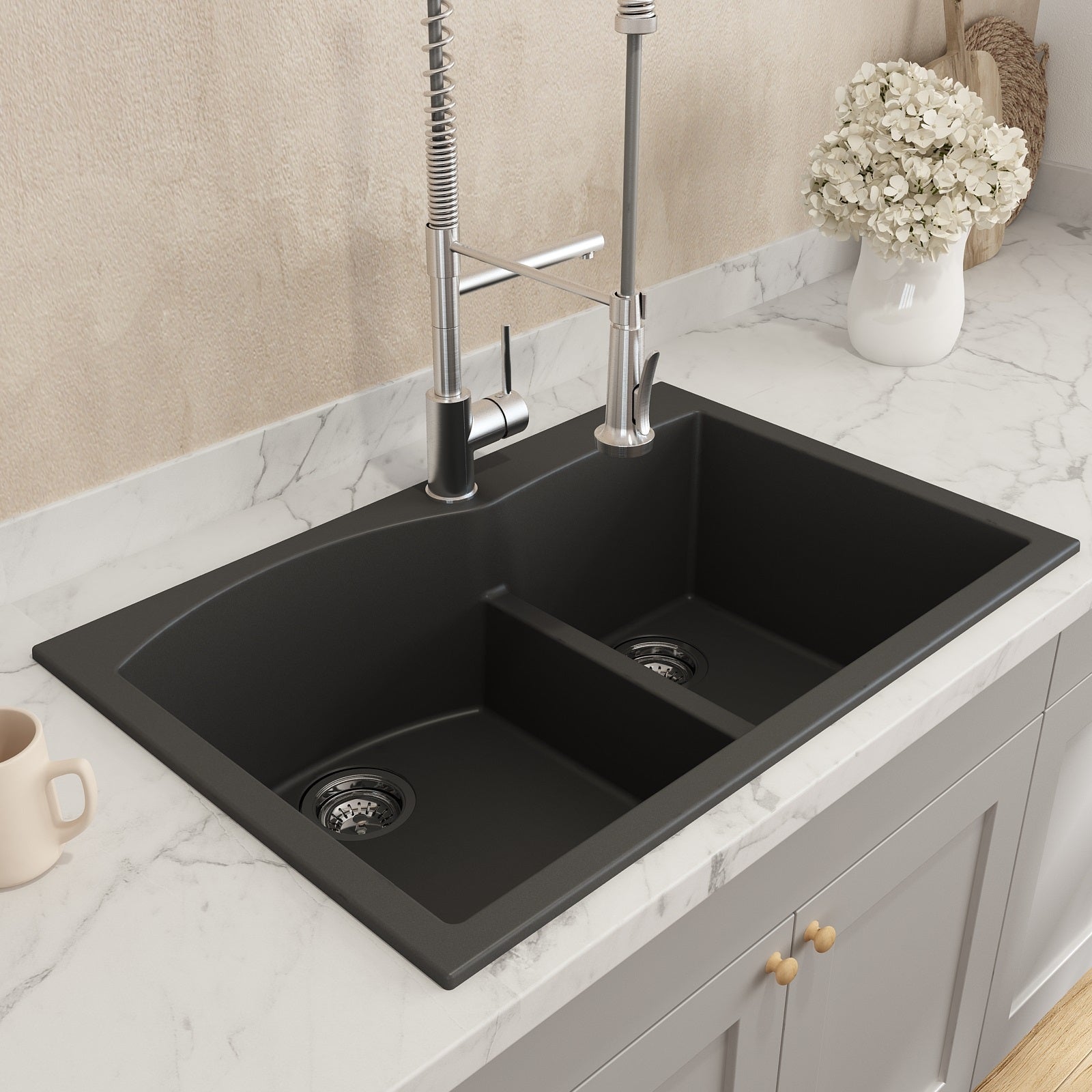 Bocchi, Bocchi 33" Dual Mount Granite Composite 60/40 Double Bowl Sink in Matte Black