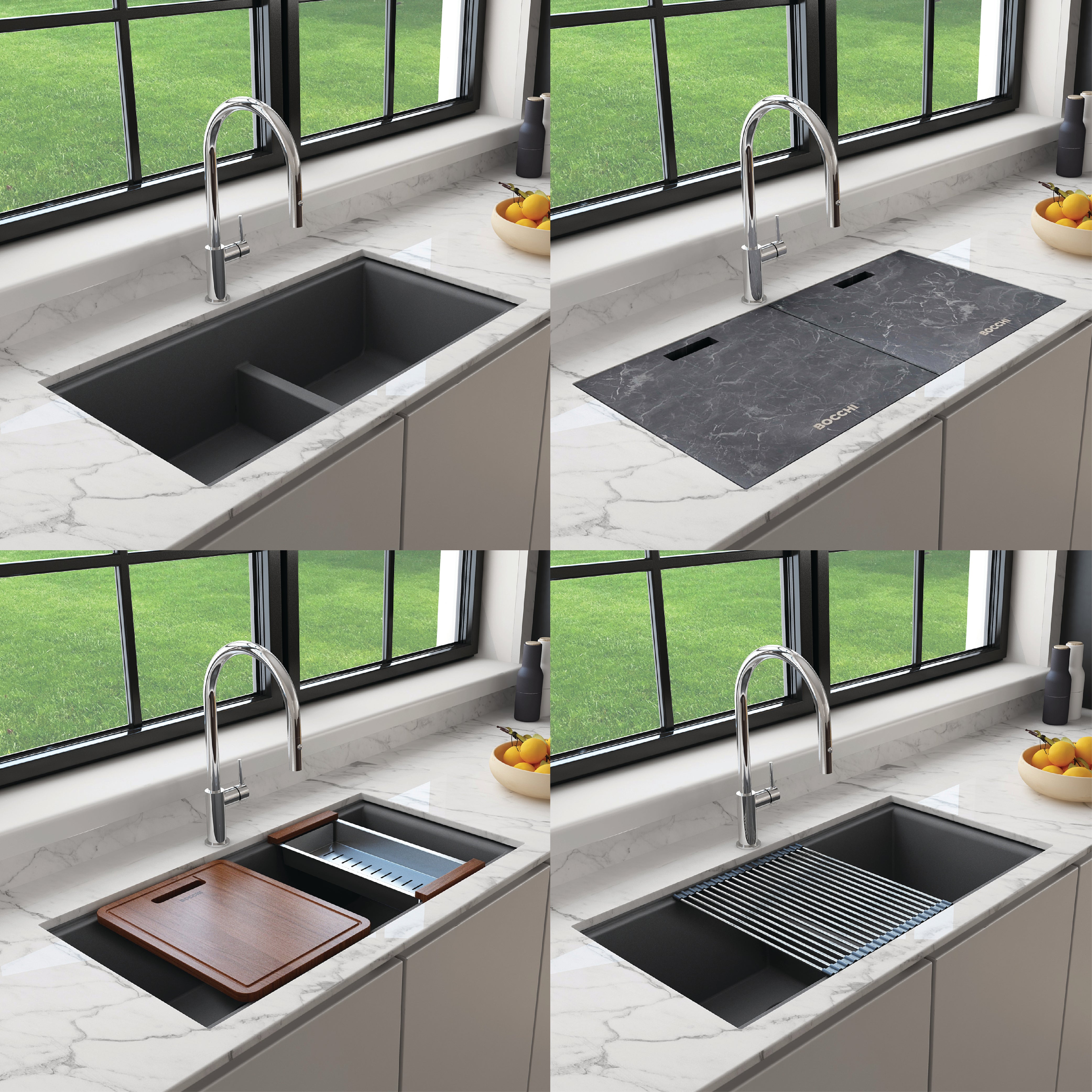 Bocchi, Bocchi 34" Undermount Double Bowl Composite Workstation Kitchen Sink with Covers in Concrete Gray