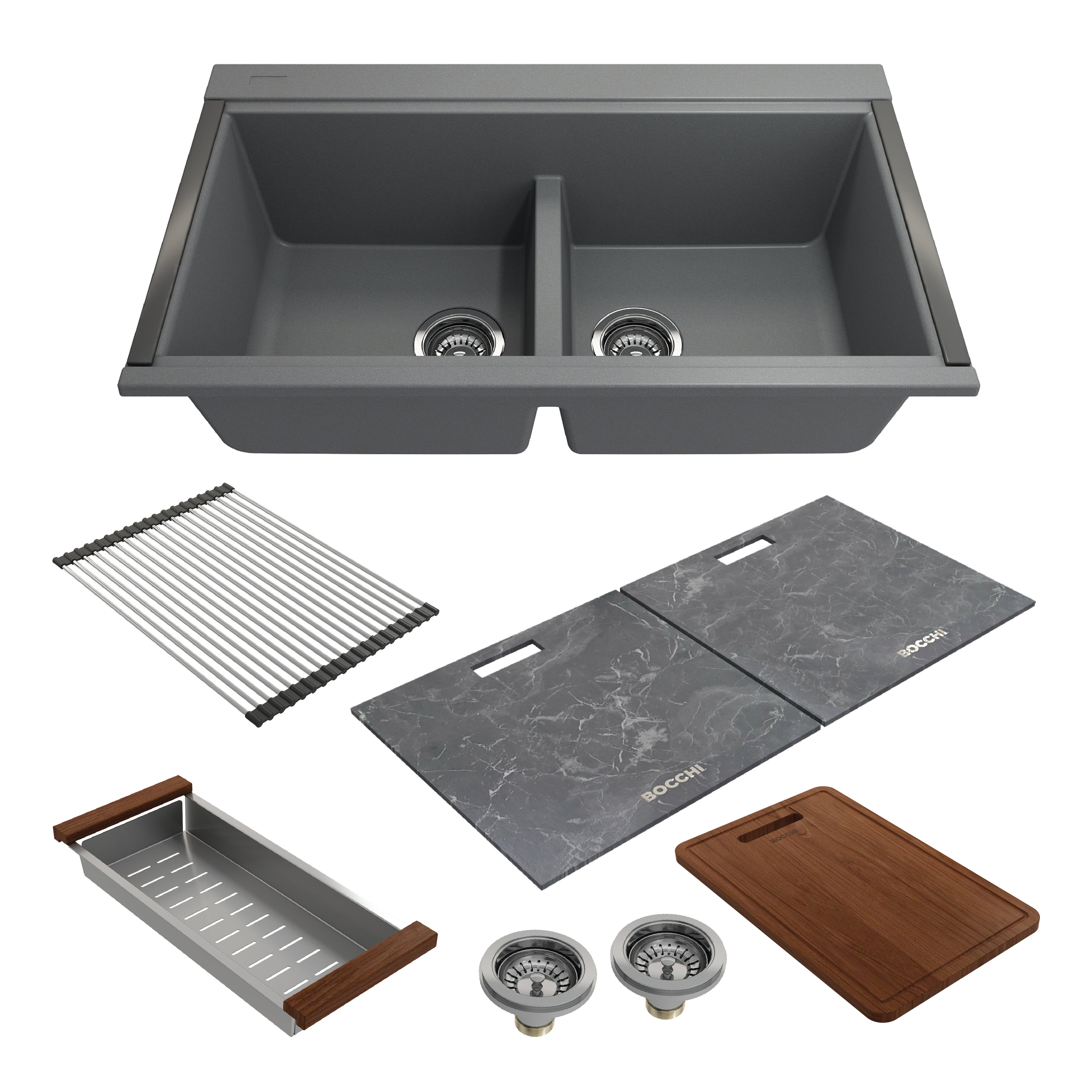 Bocchi, Bocchi 34" Undermount Double Bowl Composite Workstation Kitchen Sink with Covers in Concrete Gray