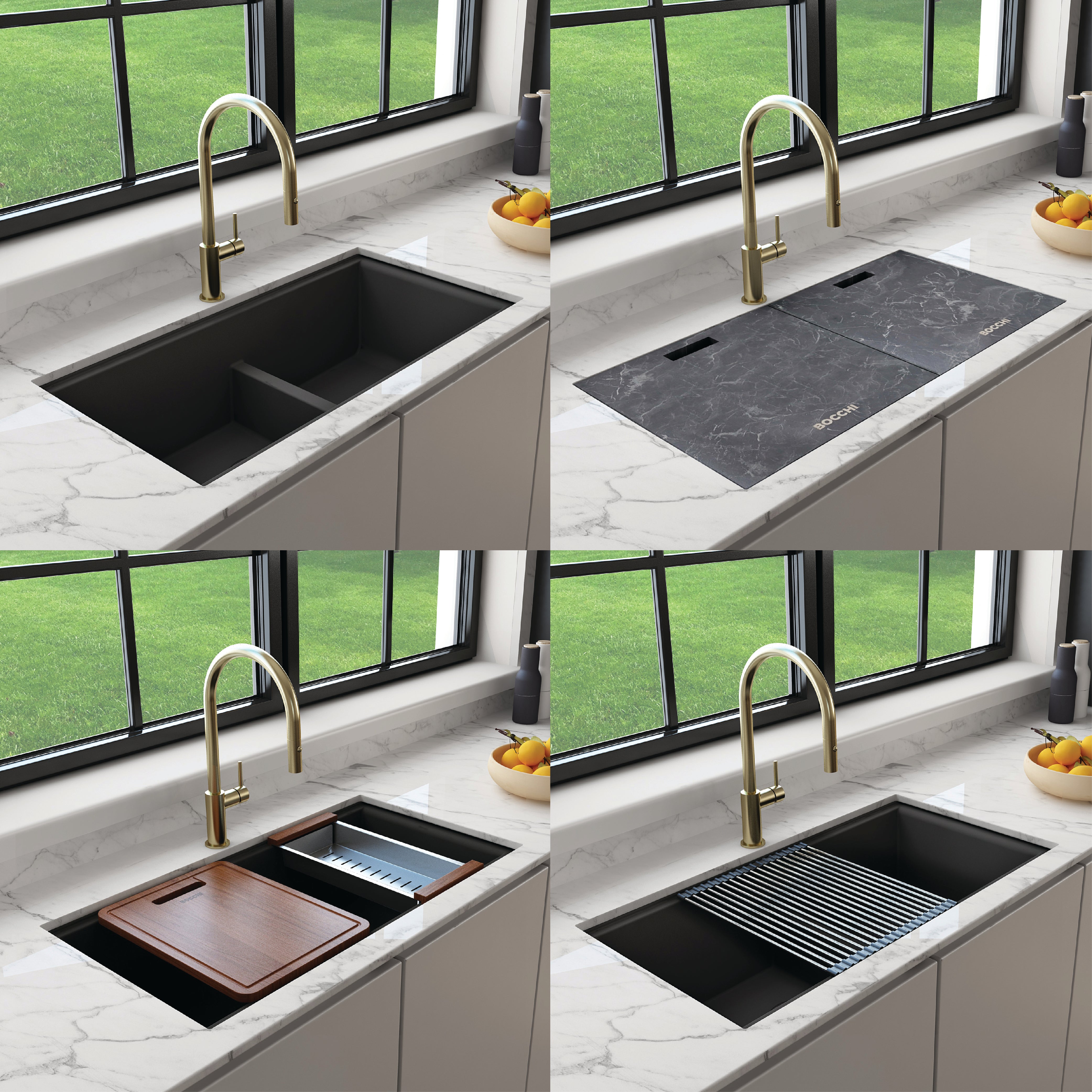 Bocchi, Bocchi 34" Undermount Double Bowl Composite Workstation Kitchen Sink with Covers in Matte Black