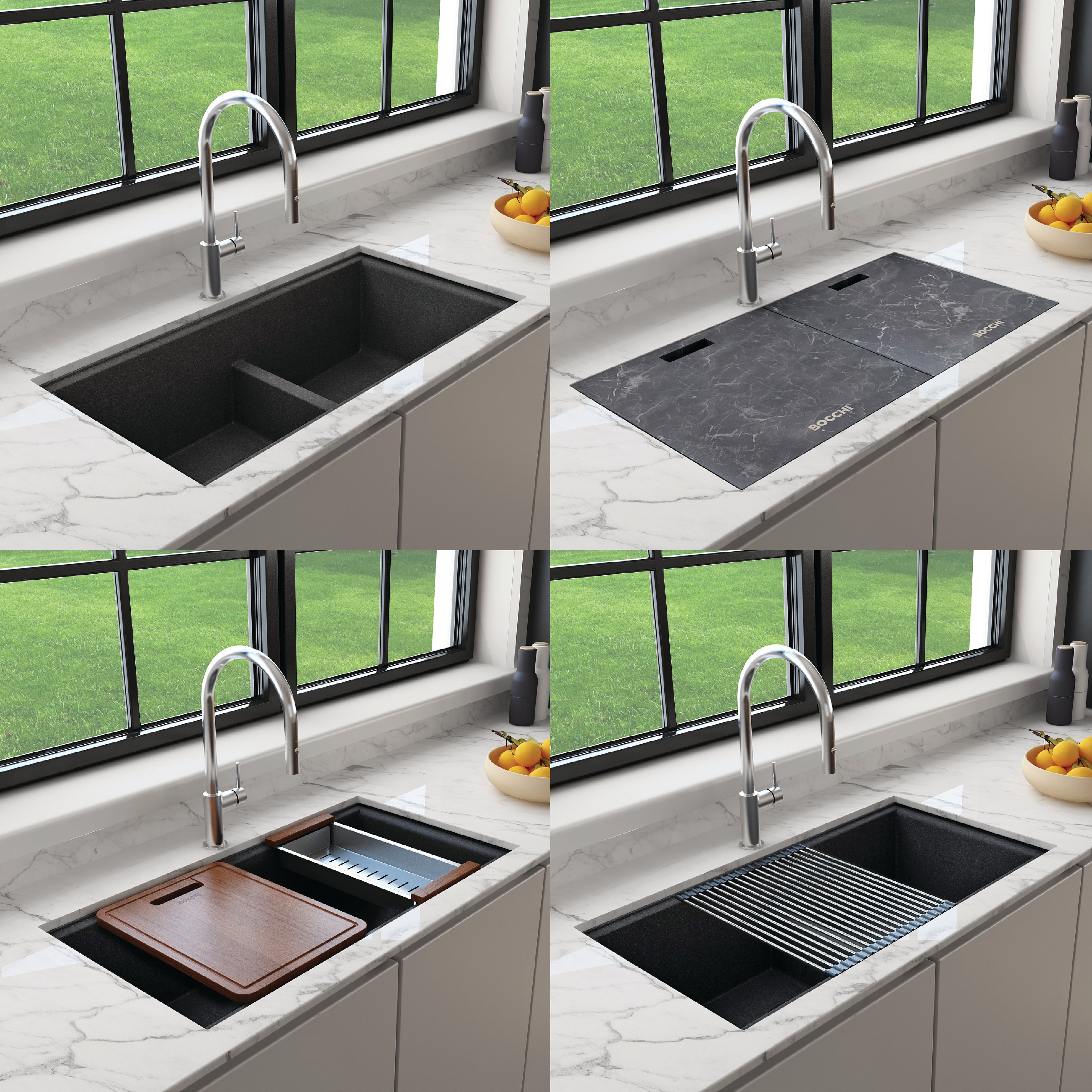 Bocchi, Bocchi 34" Undermount Double Bowl Composite Workstation Kitchen Sink with Covers in Metallic Black