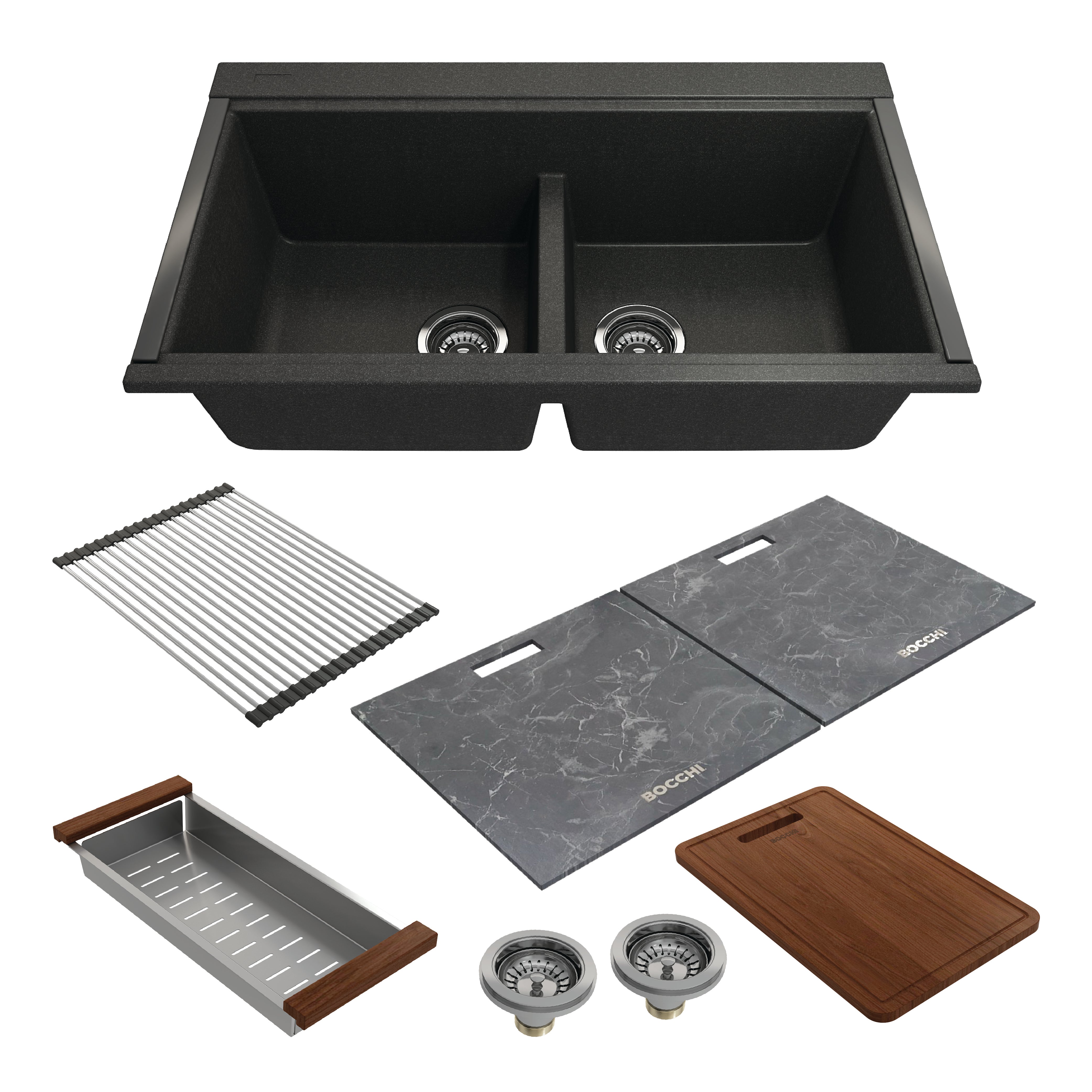 Bocchi, Bocchi 34" Undermount Double Bowl Composite Workstation Kitchen Sink with Covers in Metallic Black