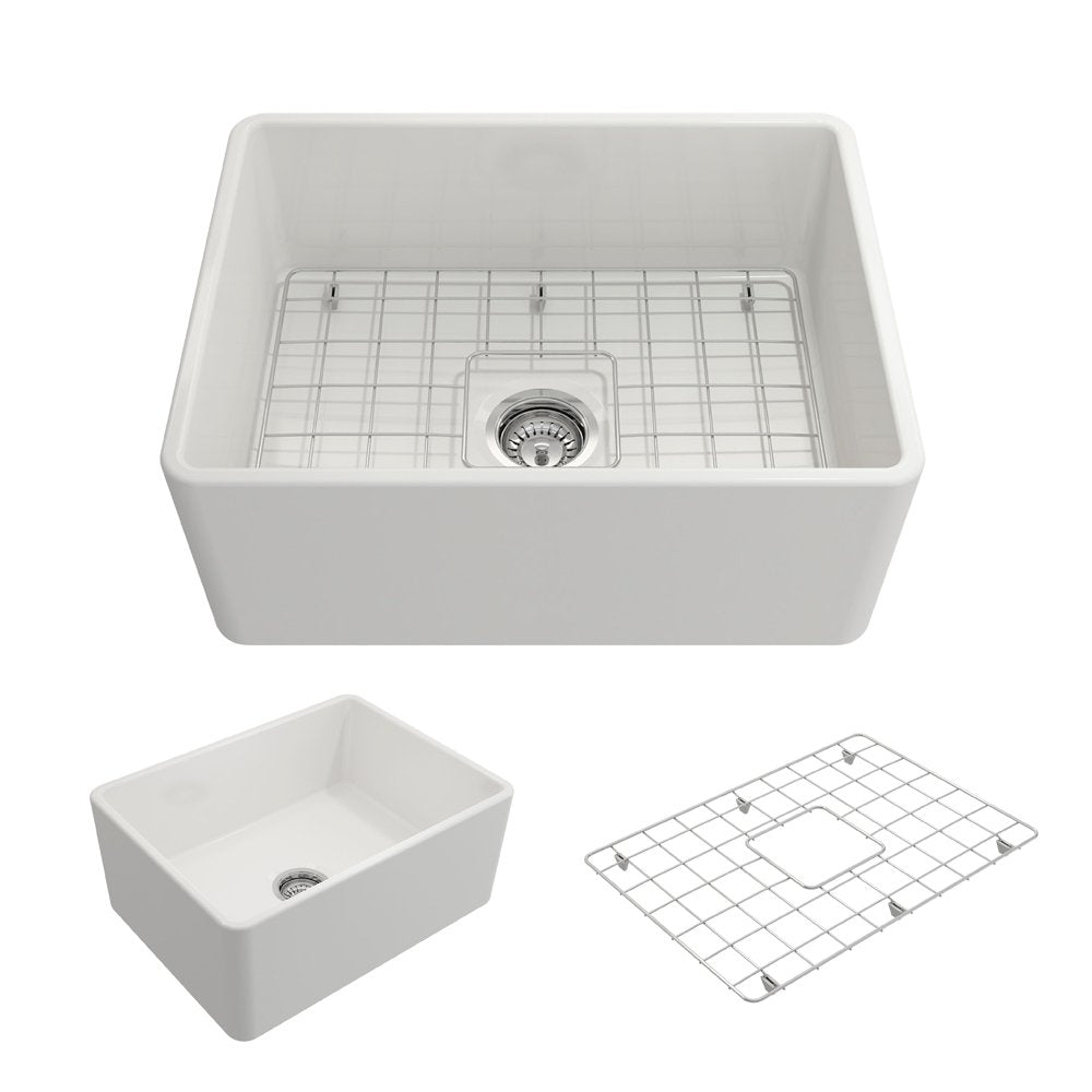 Bocchi, Bocchi Classico Farmhouse Apron Front Fireclay 24" Single Bowl Kitchen Sink with Protective Bottom Grid and Strainer, Available in 9 colors!