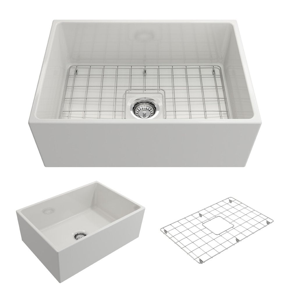 Bocchi, Bocchi Contempo Apron Front Fireclay 27" Single Bowl Kitchen Sink with Protective Bottom Grid and Strainer, Available in 9 colors!