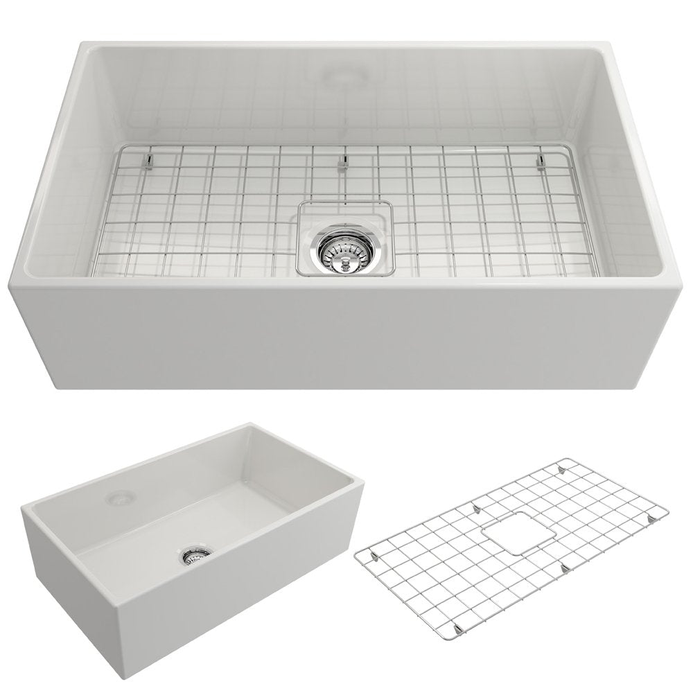 Bocchi, Bocchi Contempo Apron Front Fireclay 33" Single Bowl Kitchen Sink with Protective Bottom Grid and Strainer, Available in 9 colors!