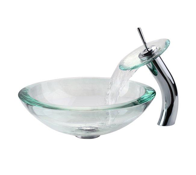 KRAUS, KRAUS Clear 34mm edge Glass Vessel Sink and Waterfall Faucet