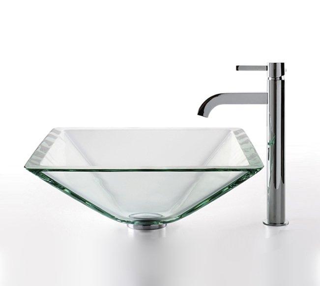 KRAUS, KRAUS Clear Aquamarine Glass Vessel Sink and Ramus Faucet