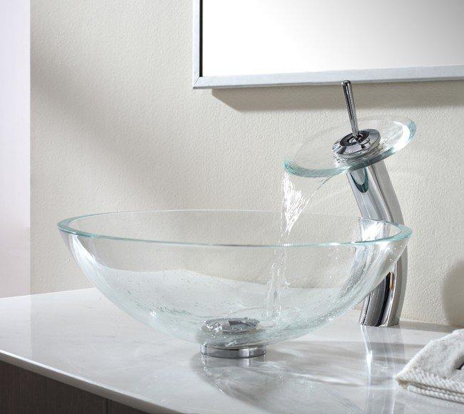 KRAUS, KRAUS Crystal Clear Glass Vessel Sink and Waterfall Faucet