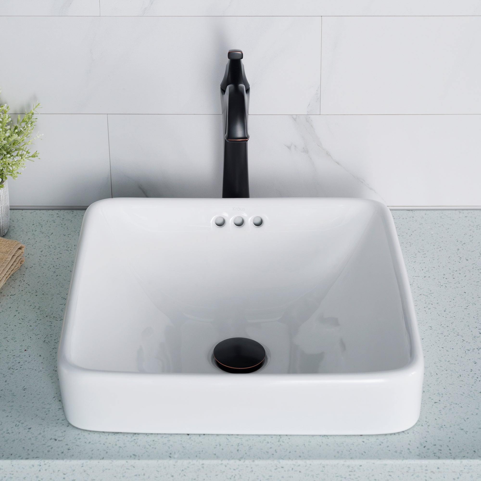 KRAUS, KRAUS Elavo Series Square Ceramic Semi-Recessed Bathroom Sink in White with Overflow