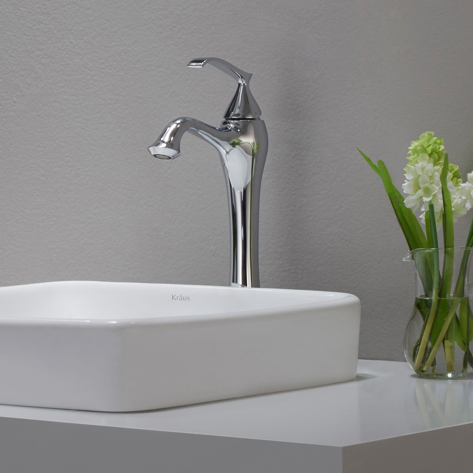 KRAUS, KRAUS Elavo Series Square Ceramic Semi-Recessed Bathroom Sink in White with Overflow