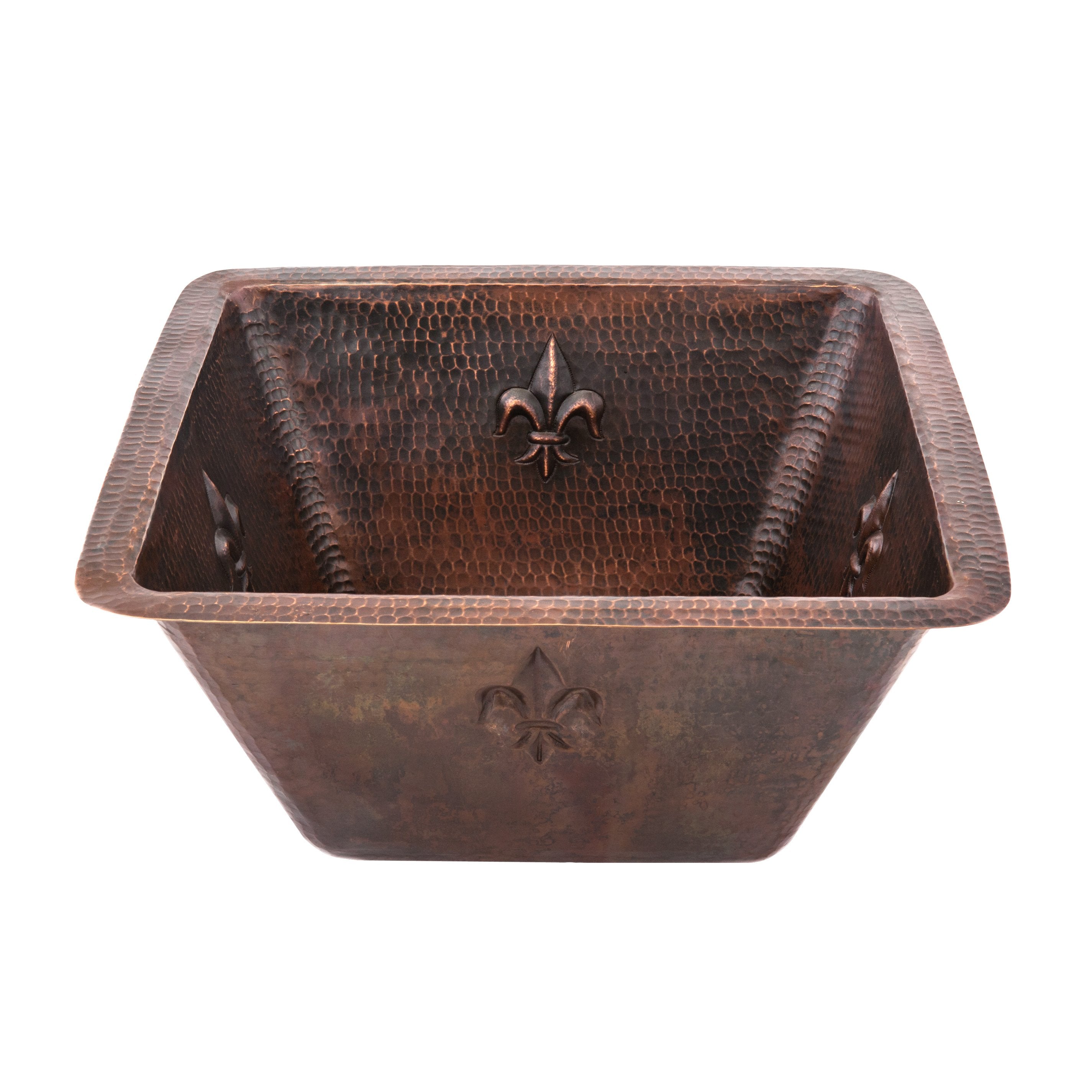 Premier Copper Products, Premier Copper Products 15" Square Fleur De Lis Copper Bar/Prep Sink with 2" Drain Size